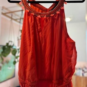 Chic Orange/Red Sleeveless Dress with Tassel and Beaded  Neckline